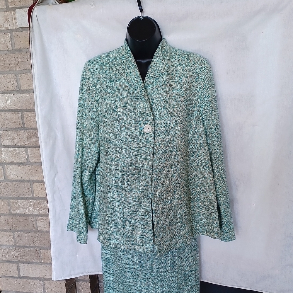 Sagharbor Womens One Button Swing Blazer Jacket Size 8, teal, cream
